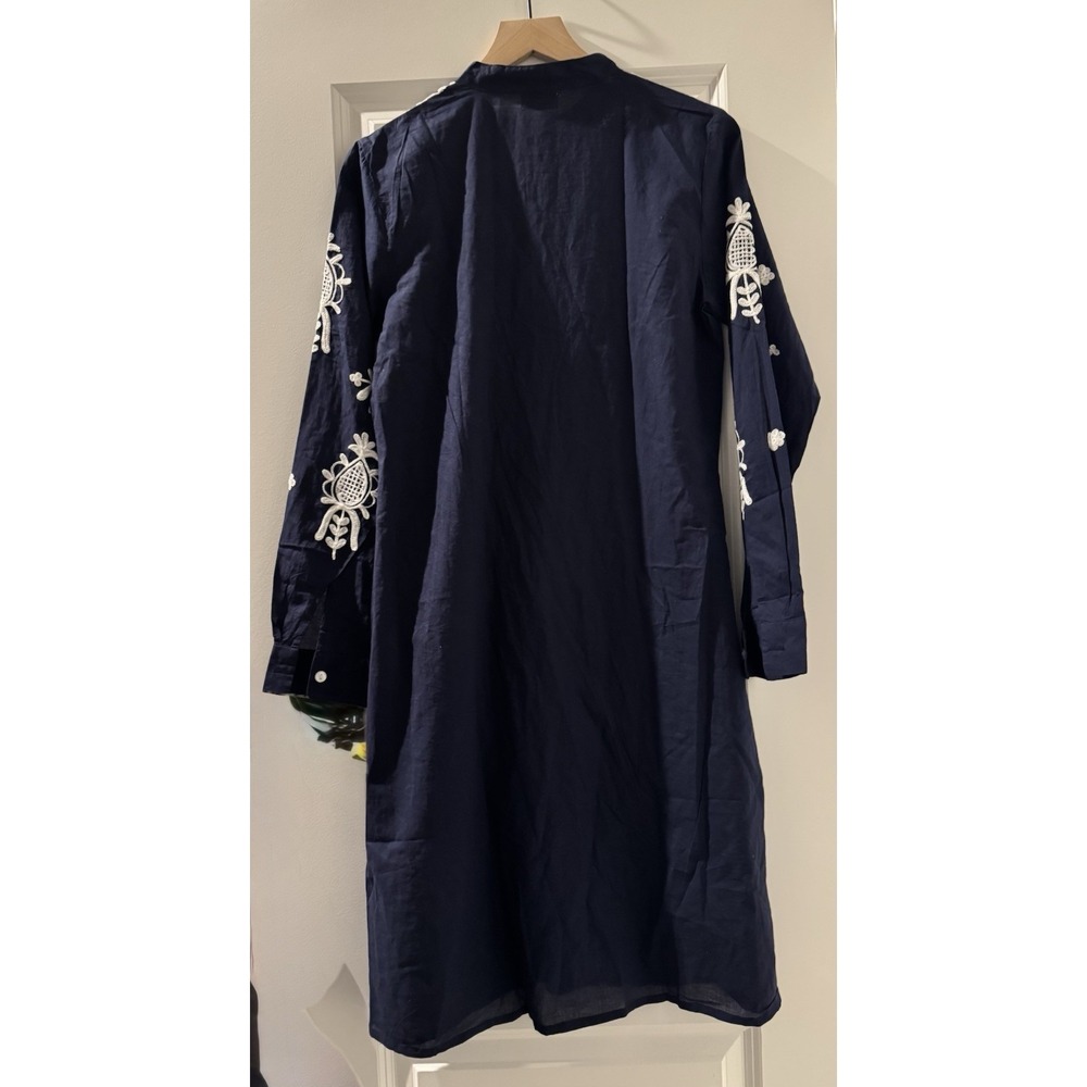 Frisqie Embroidered Cotton Tunic Dress Womens Medium Navy White Boho Long Sleeve - Picture 6 of 7